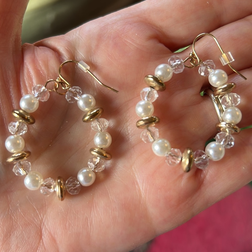 Elegant Pearl and Crystal Hoop Earrings; Perfect Condition!